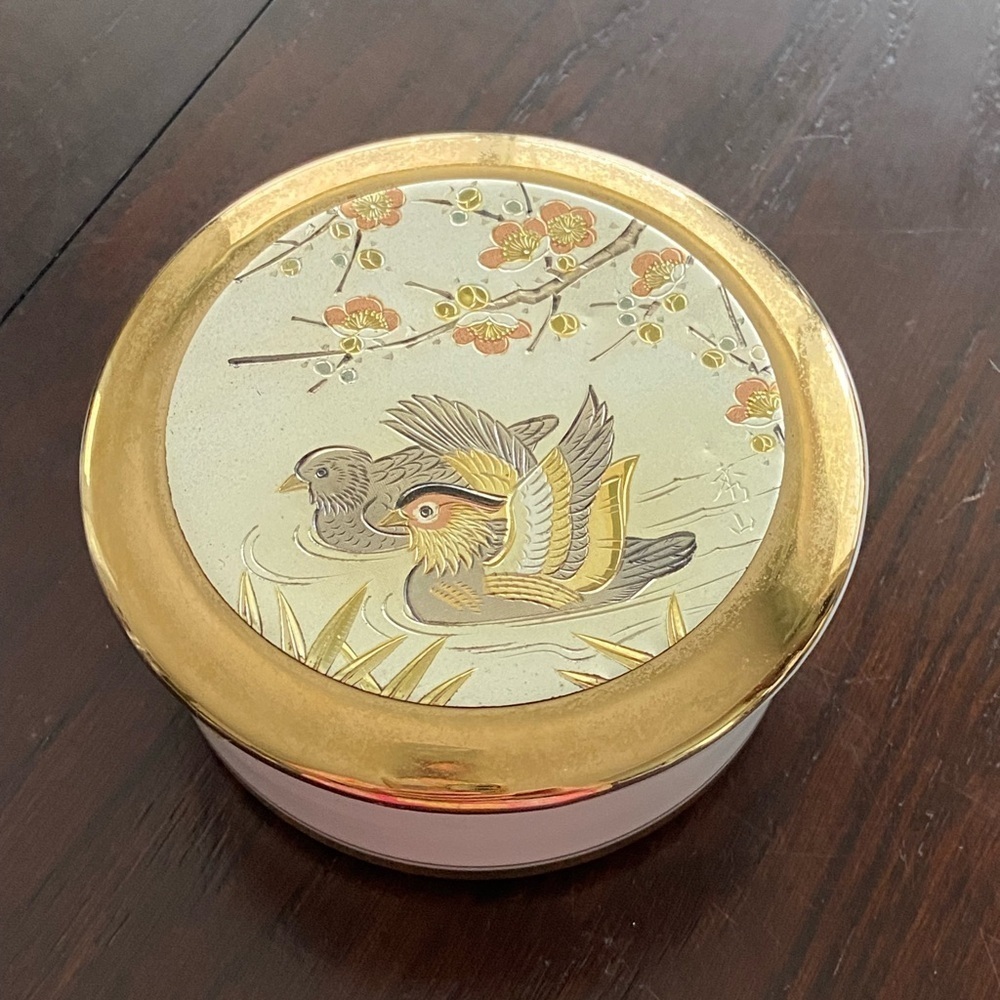 Vintage The Art of Chokin 24k Gold Edged Trinket Box Bird Copper Design Japan